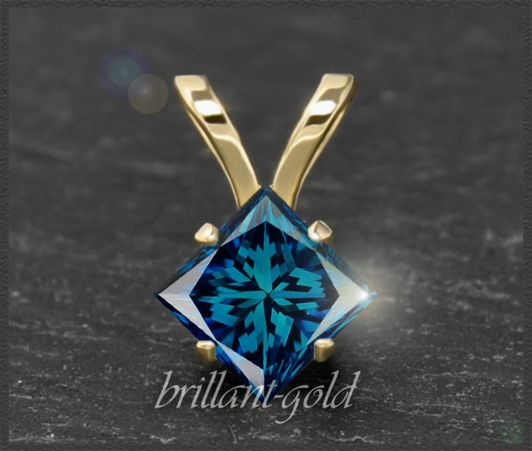 Diamant 585 Gold Anhänger, blau, Prinzess-Schliff